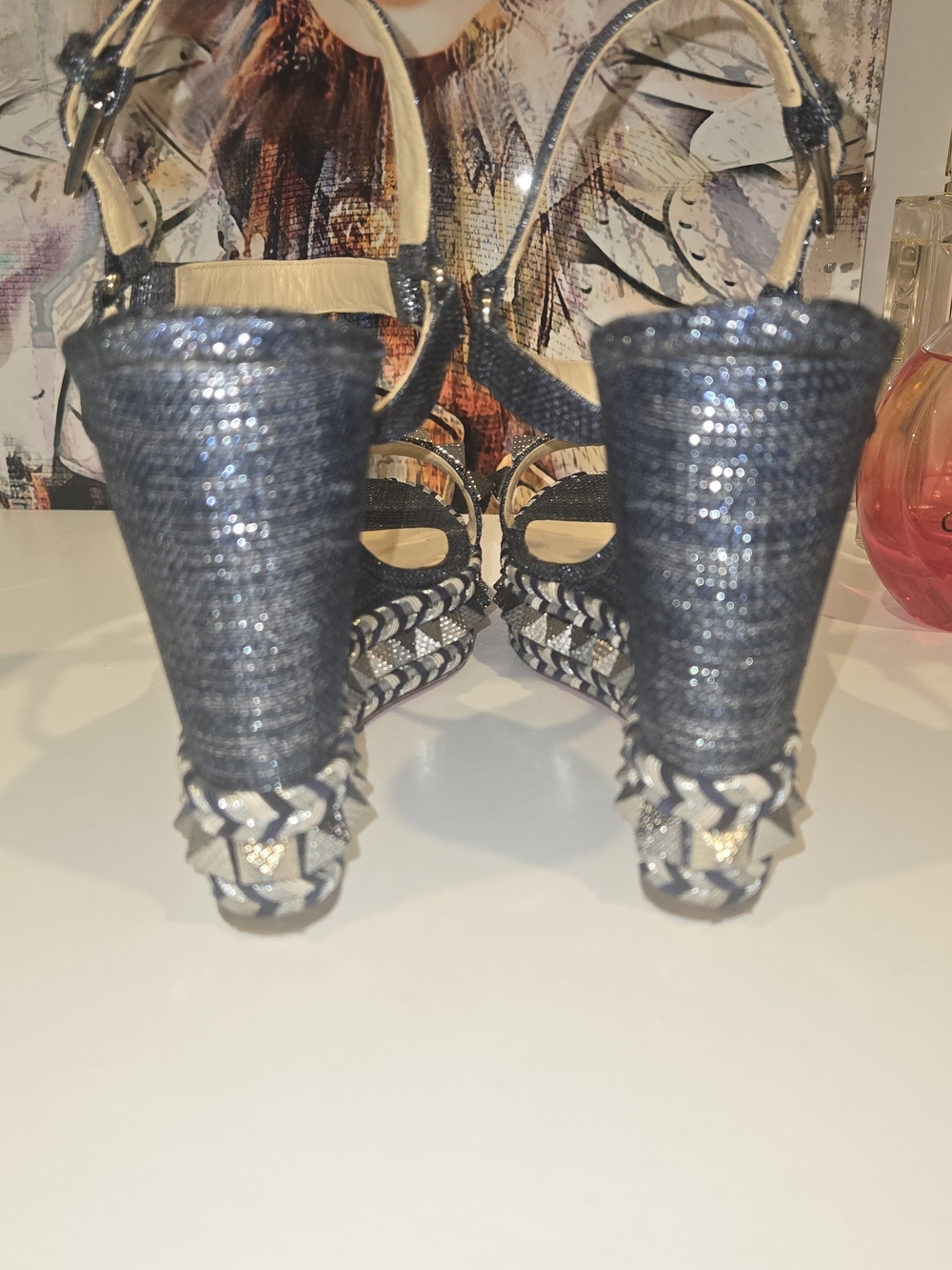 Christian Louboutin Cataclou Metallic Blue & Silver Studded Espadrille Wedges - Picture 4 of 5